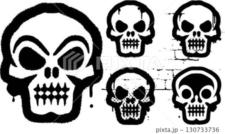 Graffiti skull set, vector black stencil paint splash illustration. Grunge street art tag, scary punk graphic element. Skull art collection 130733736