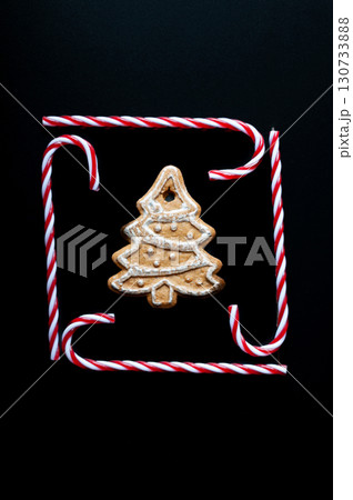 A gingerbread tree sits on top of two red and white candy cane sticks. Christmas A gingerbread tree sits on top of two red and white candy cane sticks. Christmas 130733888