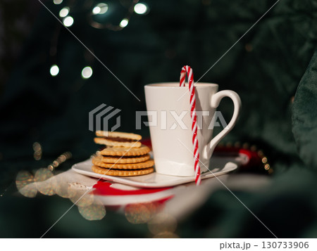 A white mug with a red 130733906