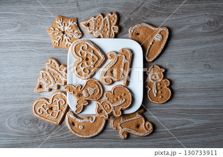 A plate of assorted gingerbread cookies with a variety of shapes and designs. Christmas A plate of assorted gingerbread cookies with a variety of shapes and designs. Christmas 130733911