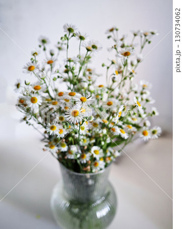 A vase of white and yellow flowers sits on a white table A vase of white and yellow flowers sits on a white table 130734062