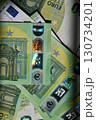Euro banknote display with spectrum pattern across multiple denominations, showcasing currency features and design elements typical of EU money 130734201
