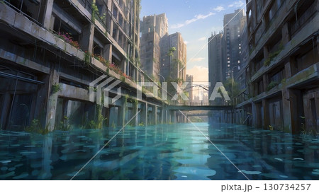 ゲーム背景 温暖化で水没から衰退した街並みの未来遺跡風景 ゲーム背景 温暖化で水没から衰退した街並みの未来遺跡風景 130734257