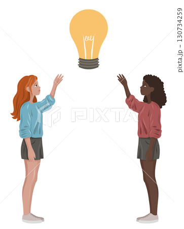 Vector illustration of two women reaching for a light bulb. Concept of creativity, ideas, innovation, teamwork. Vector illustration of two women reaching for a light bulb. Concept of creativity, ideas, innovation, teamwork. 130734259