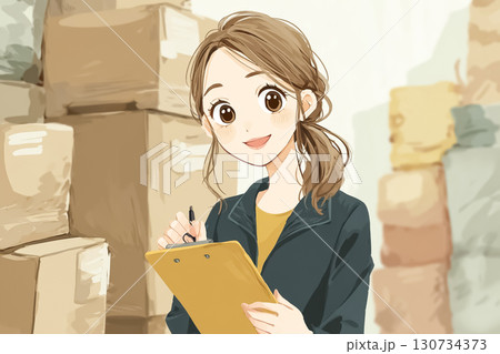 美優シリーズ：倉庫で仕分けをする美優の絵本調イラスト 130734373