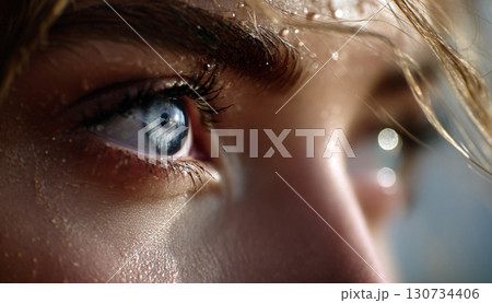 Intense Close Up Portrait of Womans Eye with Detailed Skin Texture 130734406