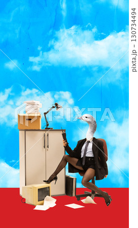 Colorful collage. Goose headed businesswoman in office scene with vintage props Colorful collage. Goose headed businesswoman in office scene with vintage props 130734494