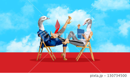 Creative digital artwork. Two office workers with bird heads sitting on chairs 130734500