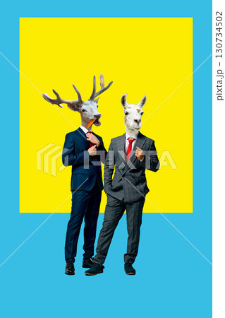 Bold colorful poster. Two businessmen with animal heads in suits on yellow background Bold colorful poster. Two businessmen with animal heads in suits on yellow background 130734502