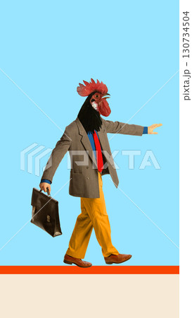 Bold graphic composition. Walking businessman with rooster head holding briefcase Bold graphic composition. Walking businessman with rooster head holding briefcase 130734504