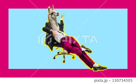 Abstract artwork. Relaxed businessman with llama head sitting on office chair Abstract artwork. Relaxed businessman with llama head sitting on office chair 130734505
