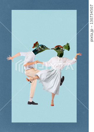 Dancing couple with peacock heads in surreal collage on pastel background 130734507