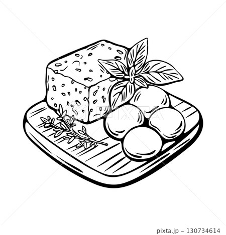 Mediterranean cheese engraving sketch with herbs for coloring use 130734614