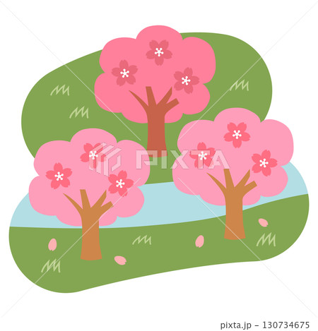 川縁に咲く桜並木のイラスト 130734675