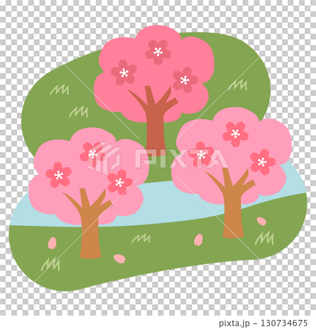 川縁に咲く桜並木のイラスト 130734675