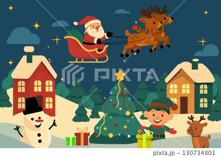 Cartoon Christmas Village with Santa Sleigh and Snowy Houses Flat Vector Illustration. 130734801