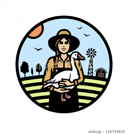 A girl farmer with a goose in her hands against the background of a farm logo, emblem. A girl farmer with a goose in her hands against the background of a farm logo, emblem. 130734820