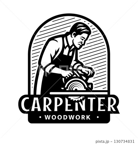 Carpenter with circular saw logo, emblem. Carpenter with circular saw logo, emblem. 130734831