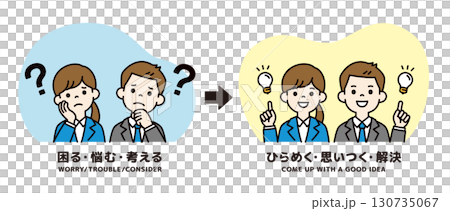 Vector illustration of a man and woman in their 20s looking for work, with a worried expression and a resolved expression - color 130735067