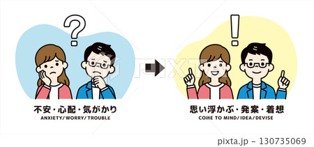 いいアイデアが浮かんで心配事が解消された、若い夫婦・カップルのベクターイラスト素材＿カラー 130735069