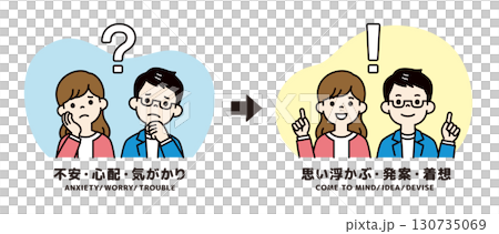いいアイデアが浮かんで心配事が解消された、若い夫婦・カップルのベクターイラスト素材＿カラー 130735069