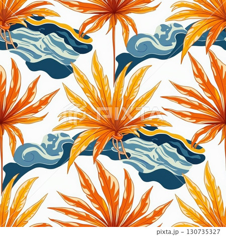 Vibrant orange palm fronds and stylized blue waves create a bold tropical pattern 130735327
