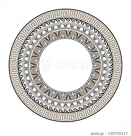 Vector gold and black classic Greek round ornament. Circle of Ancient Greece, the Roman Empire. Byzantine painting. Decoration of European palaces. Vintage frame with arabesques. Palmette. EPS 130735517