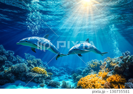 Two sleek dolphins gracefully swimming together through the deep blue ocean water. Bright sun rays illuminate a vibrant coral reef below with sparkling bubbles. 130735581