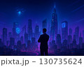 「ネオン輝く未来都市の夜景｜近未来サイバーシティ高層ビル群」 130735624