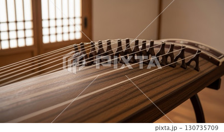 Traditional Korean Gayageum Zither in Hanok Interior with Natural Lighting 130735709
