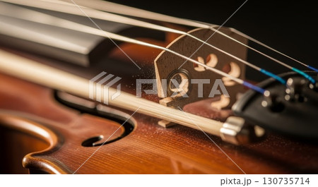 Close-up Detail of Violin Strings and Bridge with Shallow Depth of Field 130735714