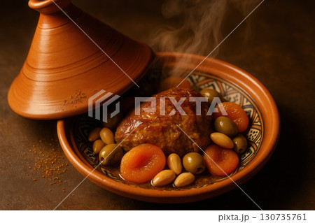 Moroccan Lamb Tagine With Apricot, Olive, Almond And Saffron In Terracotta Dish Moroccan Lamb Tagine With Apricot, Olive, Almond And Saffron In Terracotta Dish 130735761