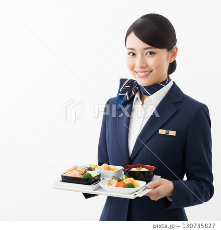 笑顔で機内食のトレイを持つ笑顔の客室乗務員 白背景 紺色の制服 笑顔で機内食のトレイを持つ笑顔の客室乗務員 白背景 紺色の制服 130735827