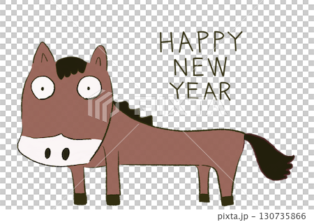 帶有“新年快樂”文字的馬年賀卡插圖（PNG透明背景） 130735866