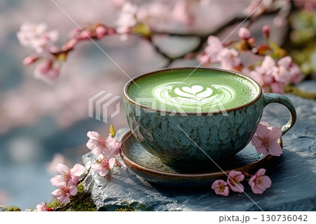 A vibrant green matcha latte with delicate heart art sits in a rustic ceramic cup among beautiful pink cherry blossoms. 130736042