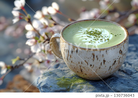 A vibrant matcha latte drink with beautiful leaf art rests serenely on a textured rock near delicate blooming flowers. 130736043