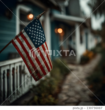A weathered American flag hangs on a rustic wooden porch railing outside a blue house with a stone pathway. A weathered American flag hangs on a rustic wooden porch railing outside a blue house with a stone pathway. 130736087