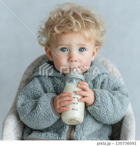 This adorable baby with curly blond hair and vivid blue eyes drinks milk from a bottle, a wholesome food. 130736091