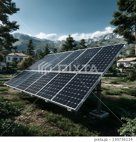 Solar panels capture bright sun energy, generating clean renewable power in a stunning natural mountain landscape environment. 130736114