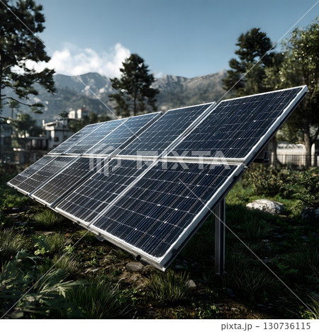 Solar panels generate clean energy in green nature under a bright blue sky, surrounded by trees and majestic mountains. 130736115