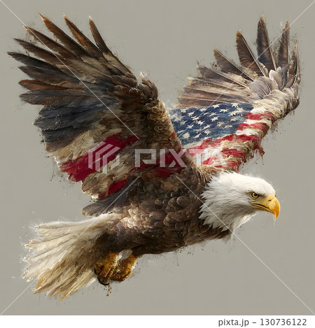 A majestic bald eagle in powerful flight, its spread wings beautifully patterned with the American flag, representing national pride. A majestic bald eagle in powerful flight, its spread wings beautifully patterned with the American flag, representing national pride. 130736122