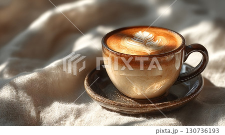 Warm coffee latte with intricate leaf art pattern fills a rustic ceramic cup sitting on a gentle textured fabric. 130736193