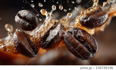 Dark roasted coffee beans splash and move through fresh brown coffee liquid, creating an energetic, aromatic scene. 130736196