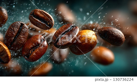 Freshly roasted coffee beans gracefully fly through a refreshing spray of clear water droplets, showcasing rich texture and dynamic movement. 130736224
