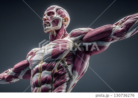 Close up view of body muscle anatomy with arms outstretched, highlighting intricate biological structure and physical form. 130736276