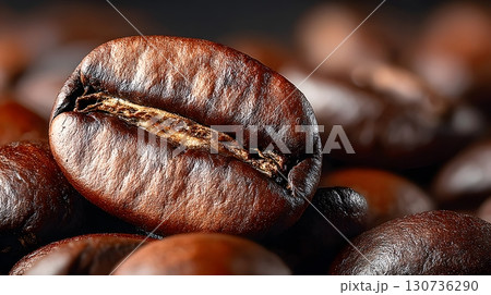 Detailed close up shows dark brown roasted coffee beans, each individual bean revealing a rich natural texture and inviting warm color. 130736290