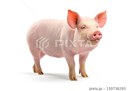 A cute pink piglet stands calmly, looking directly at the viewer with a gentle smile on a bright isolated white background. 130736293