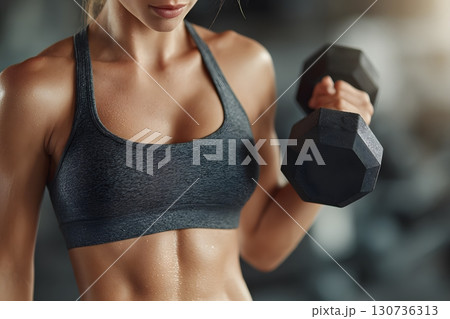 A strong person builds physical power by lifting a heavy dumbbell during an active gym workout focusing on fitness. A strong person builds physical power by lifting a heavy dumbbell during an active gym workout focusing on fitness. 130736313