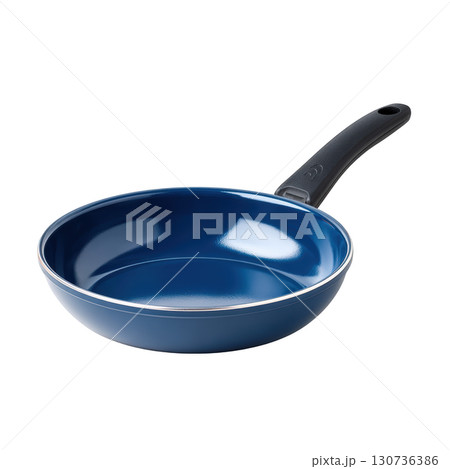 Non-stick blue frying pan with ergonomic handle, perfect for cooking and frying various dishes at home 130736386