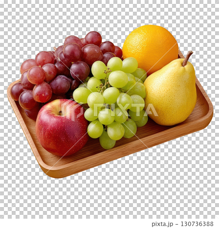 Fresh Assortment of Colorful Fruits on a Wooden Tray Including Grapes, Apples, Pears, and Oranges 130736388